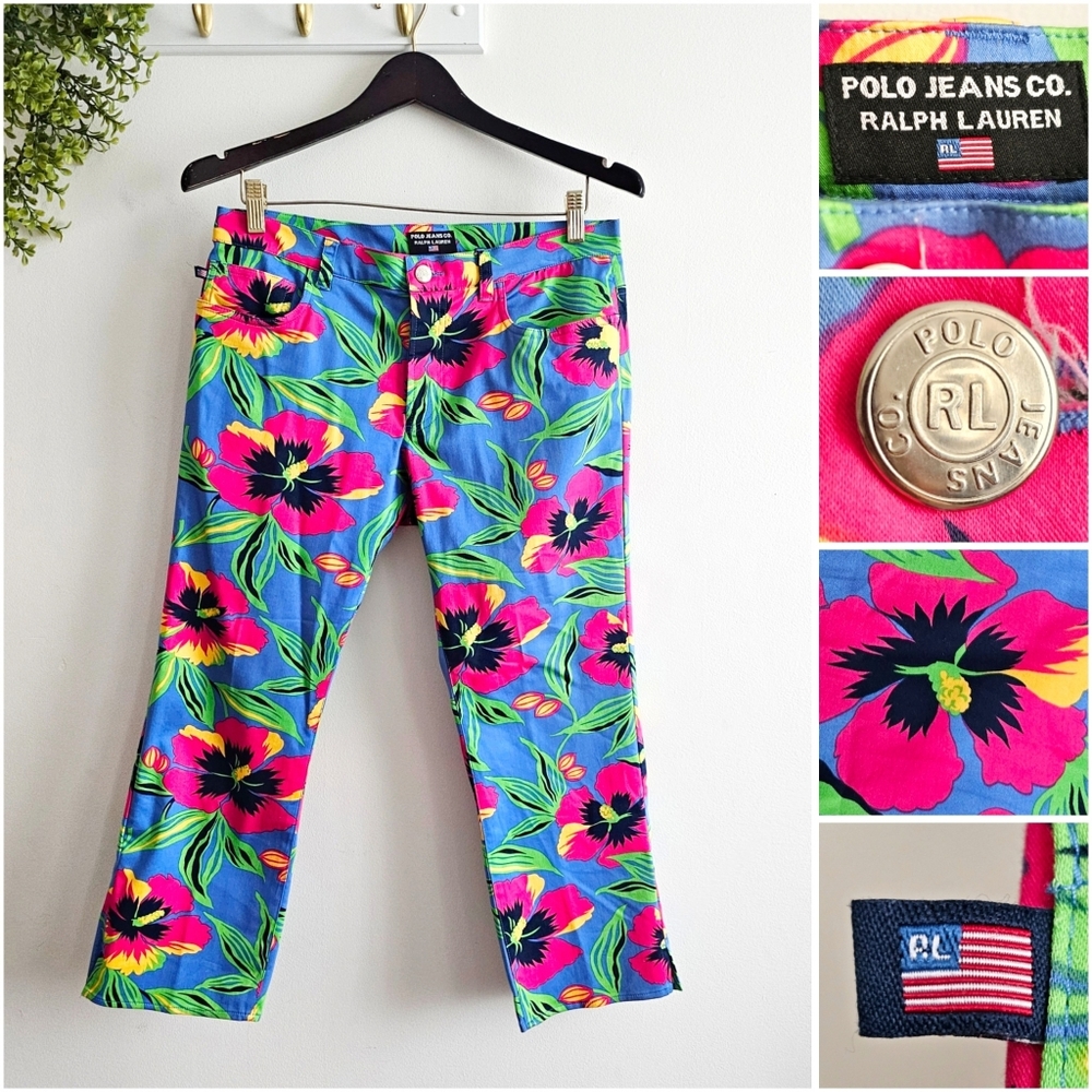 Vintage Polo Jeans Co Ralph Lauren Hibiscus Floral Pants Size 8 Y2K Tropical
